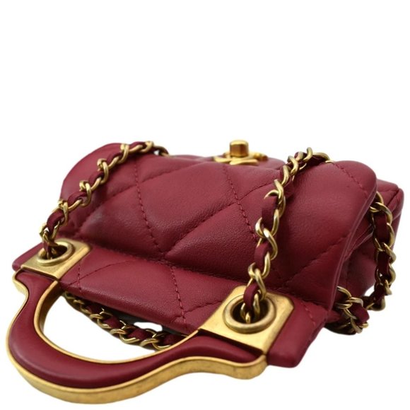 CHANEL Top Handle Flap Card Holder Quilted Leather Chain Shoulder Bag Red - Picture 7 of 14